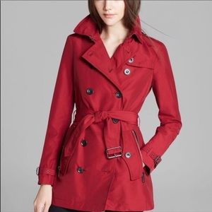 Red Burberry Raincoat with removable hood and belt, size 12